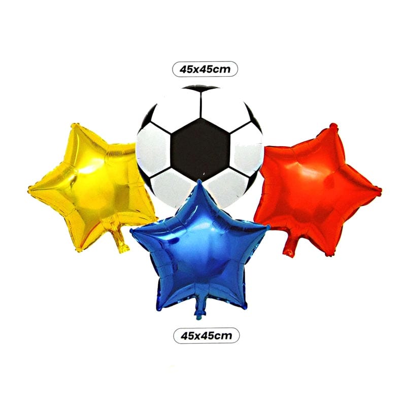 Bouquet tricolor con un globo en forma de balón y tres de estrellas