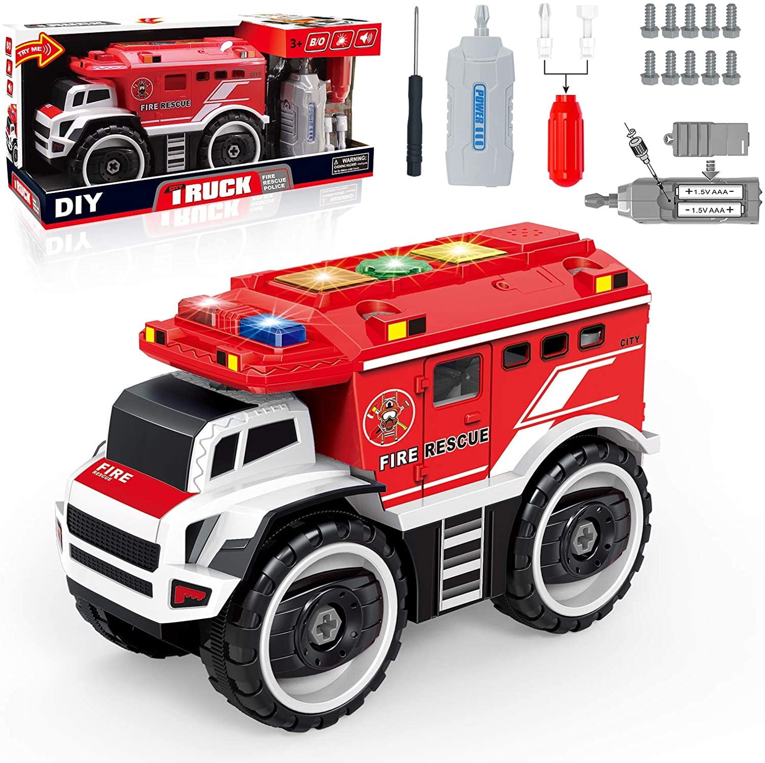 Camión de bomberos eléctrico desarmable con luces intermitentes, sonidos de sirena y destornillador eléctrico