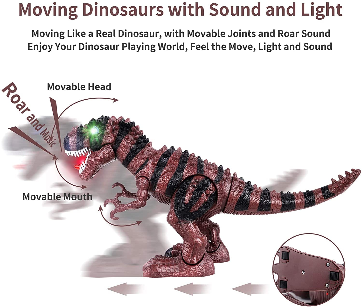 Dinosaurio T-Rex con luz, sonido, movimiento de caminar y acción de cola oscilante