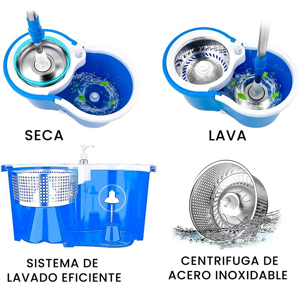 NUEVO TRAPERO MÁGICO QUE LIMPIA EN SEGUNDOS + 4 Mopas GRATIS! Centrífuga y base del trapero en acero inoxidable.